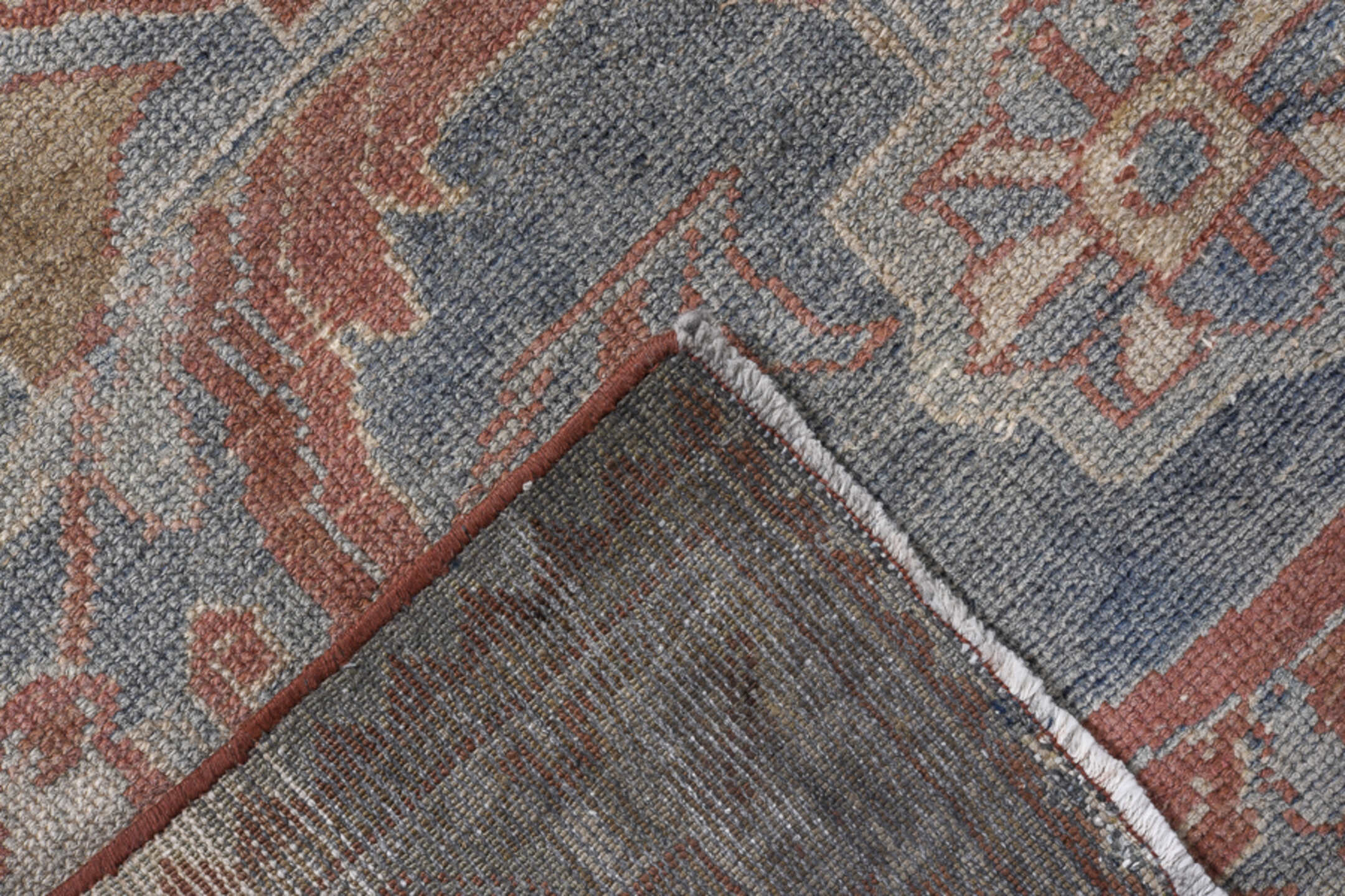 3' x 9' one-of-a-kind handmade vintage Lilian runner rug. Color palette: gray, blue, red, brown, light gray, off-white, pink