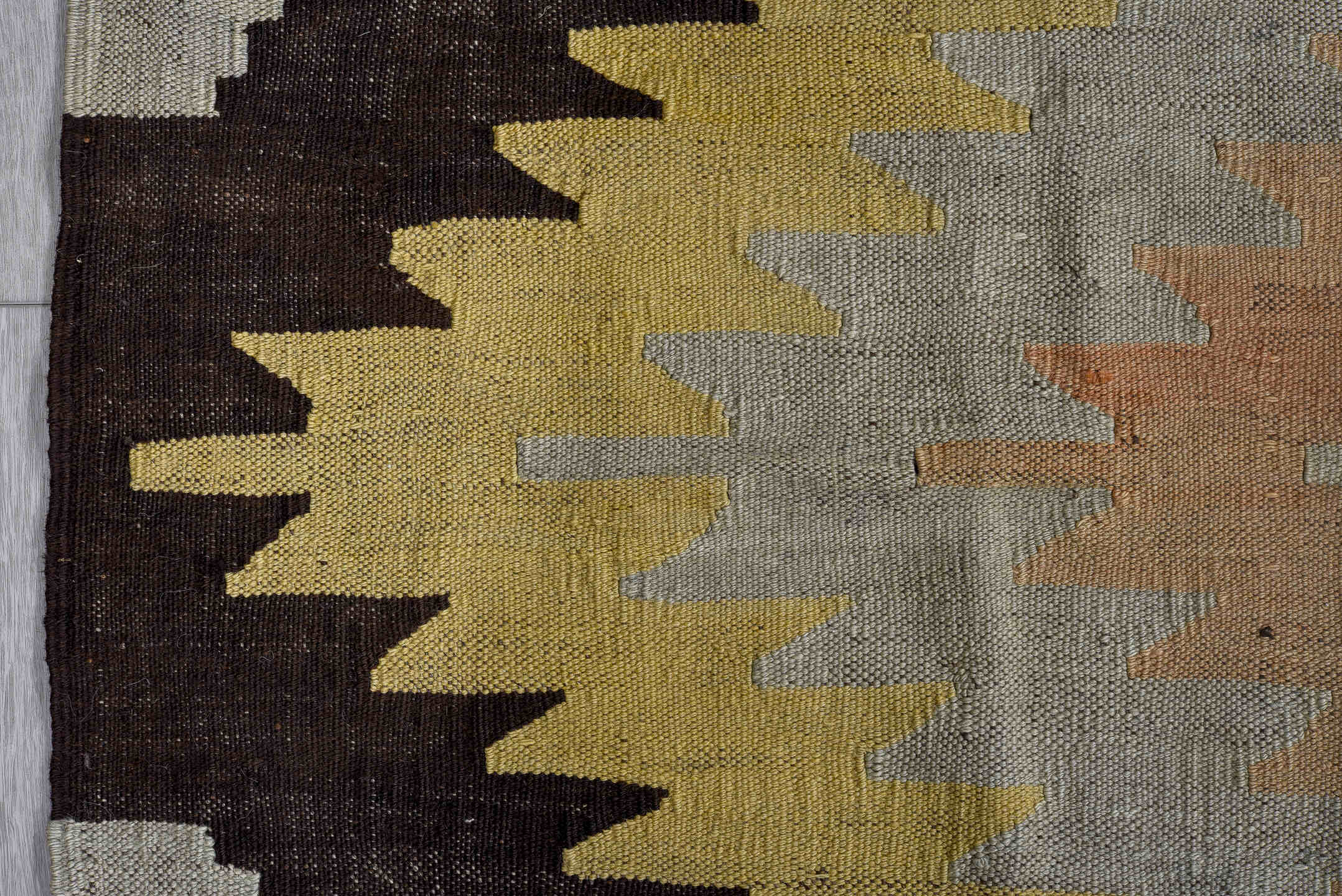 8' x 11' one-of-a-kind handmade vintage Kilim large size rug. Color palette: brown, dark gray, gainsboro, gray, light gray