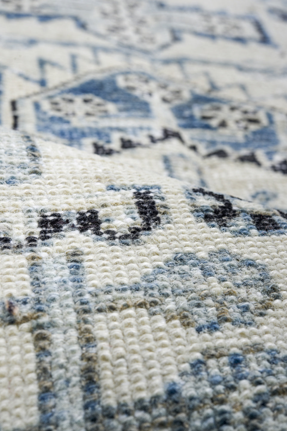 2' x 9' one-of-a-kind handmade vintage Karaje runner rug. Color palette: gray, light gray, off-white, black, blue, silver