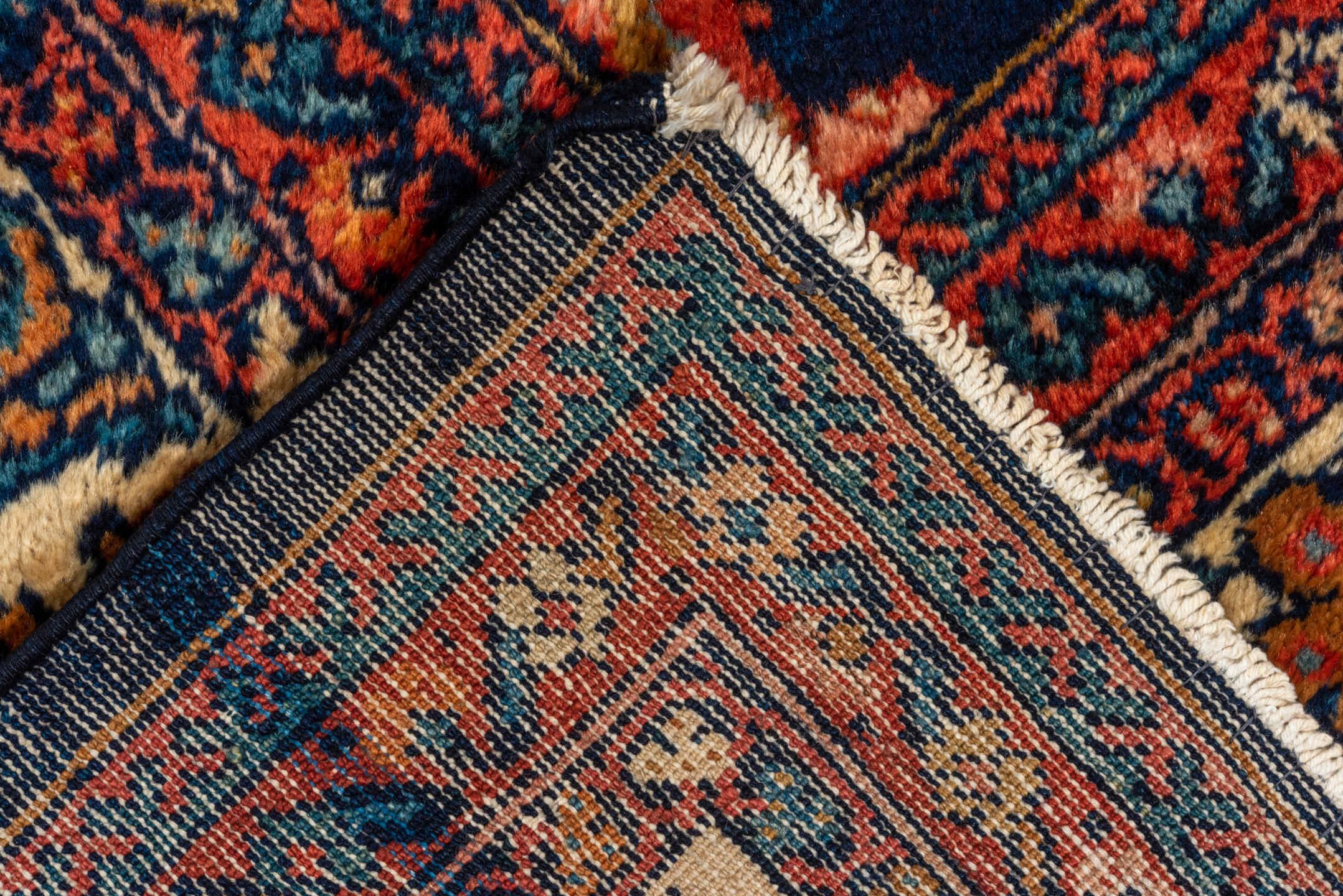 8' x 12' one-of-a-kind handmade vintage Mahal large size rug. Color palette: brown, red, off-white, blue, gray, maroon