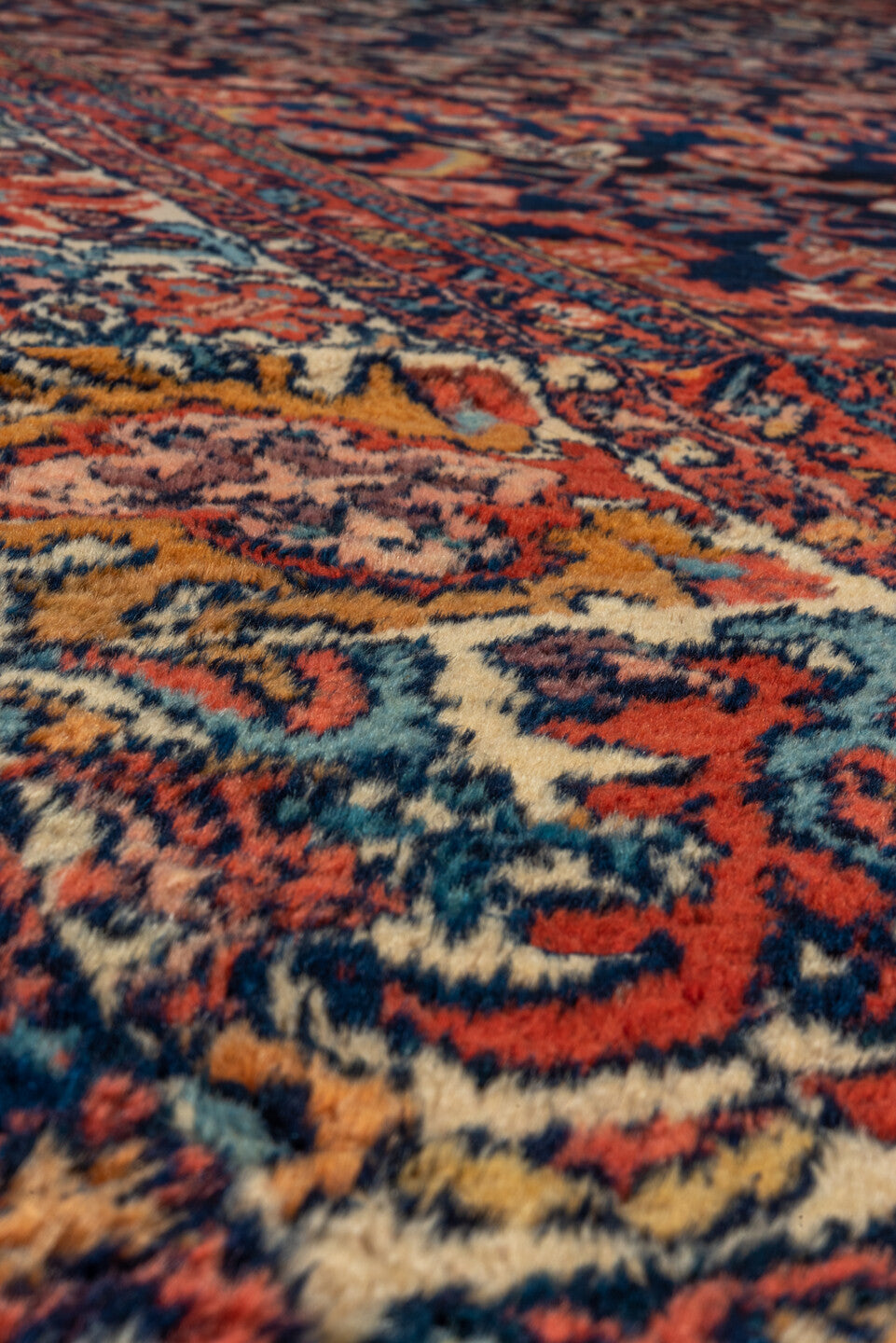 8' x 12' one-of-a-kind handmade vintage Mahal large size rug. Color palette: brown, red, off-white, blue, gray, maroon