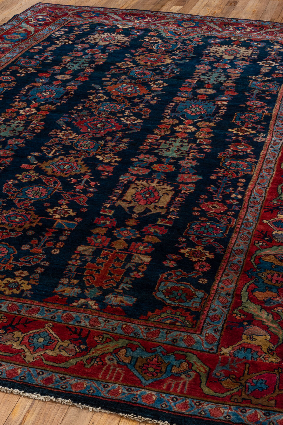 6' x 9' one-of-a-kind handmade vintage Bidjar medium size rug. Color palette: gray, brown, blue, off-white, red, white, snow