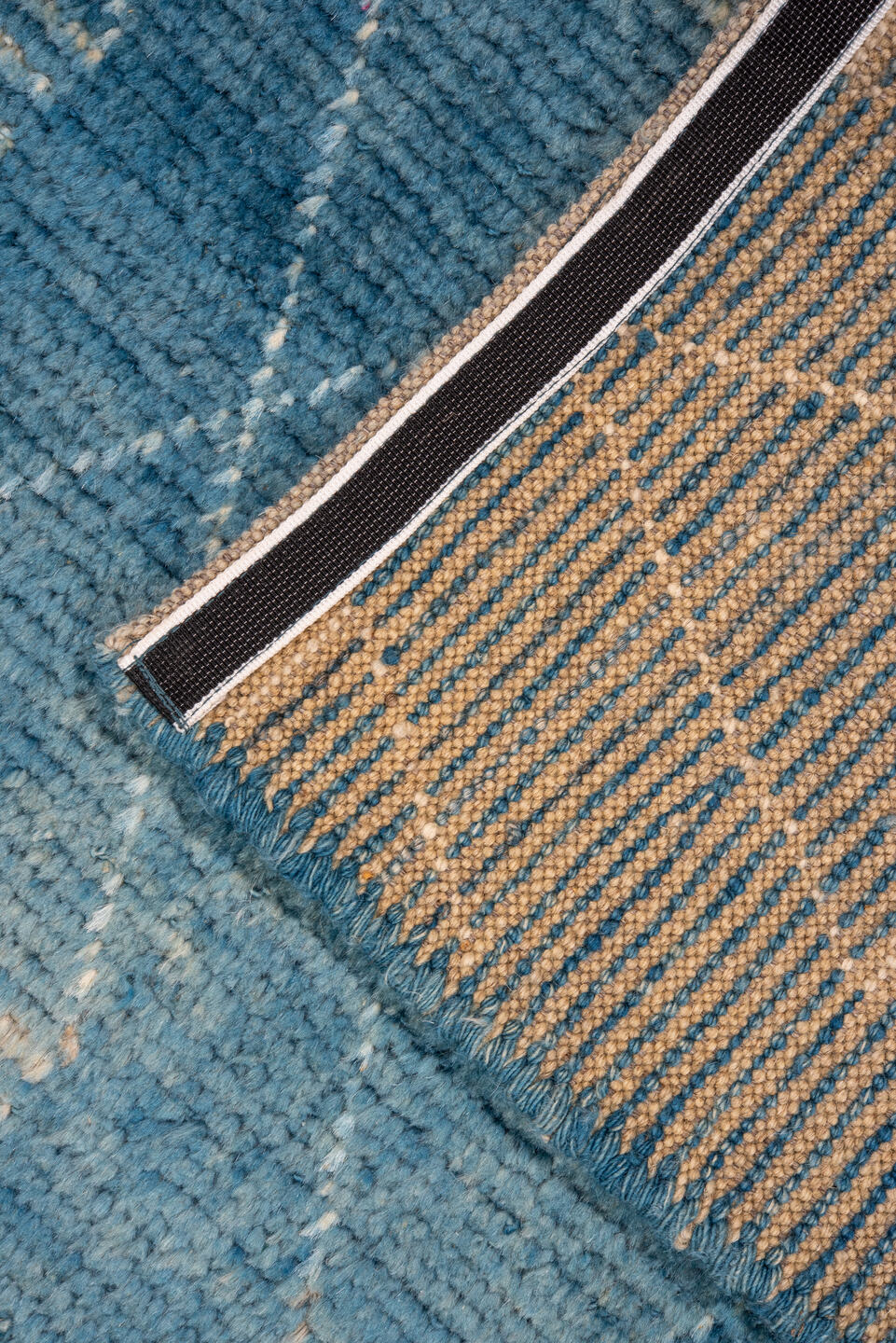 2' x 9' one-of-a-kind handmade vintage Tulu runner rug. Color palette: blue, gray, light gray, off-white, light blue, white