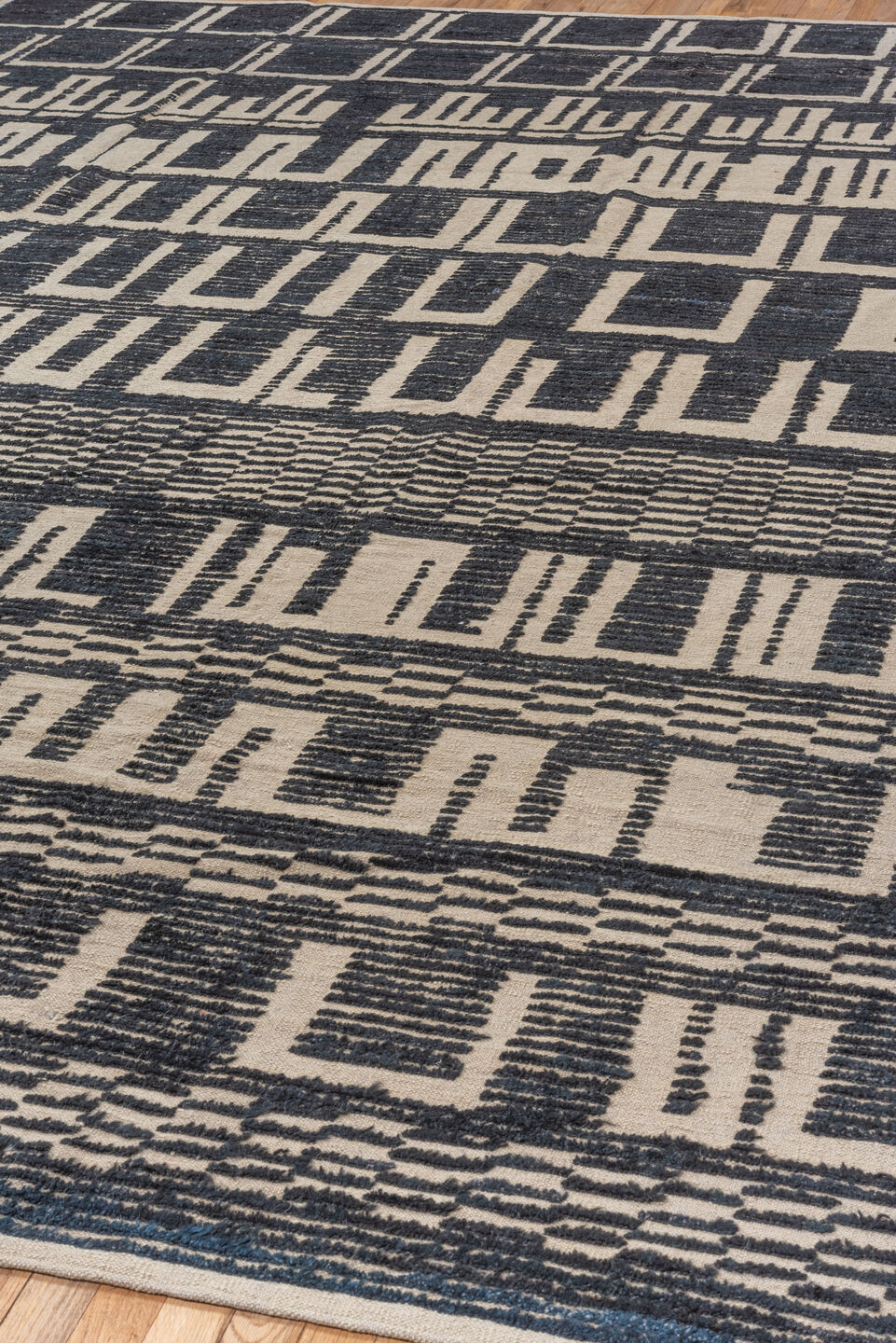 10' x 12' one-of-a-kind handmade vintage Tulu large size rug. Color palette: gray, light gray, black, blue, pink, off-white