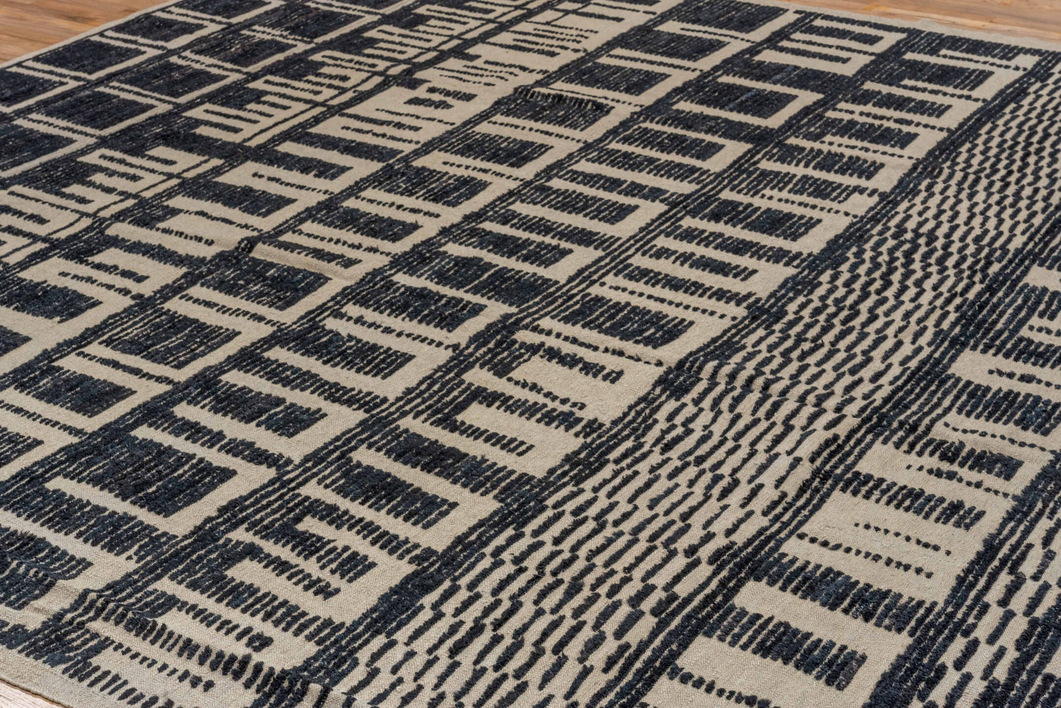 10' x 12' one-of-a-kind handmade vintage Tulu large size rug. Color palette: gray, light gray, black, blue, pink, off-white