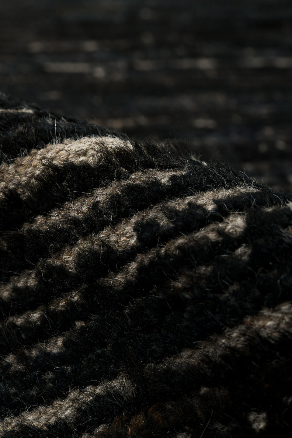 9' x 12' one-of-a-kind handmade vintage Tulu large size rug. Color palette: black, blue, charcoal, gray, light gray