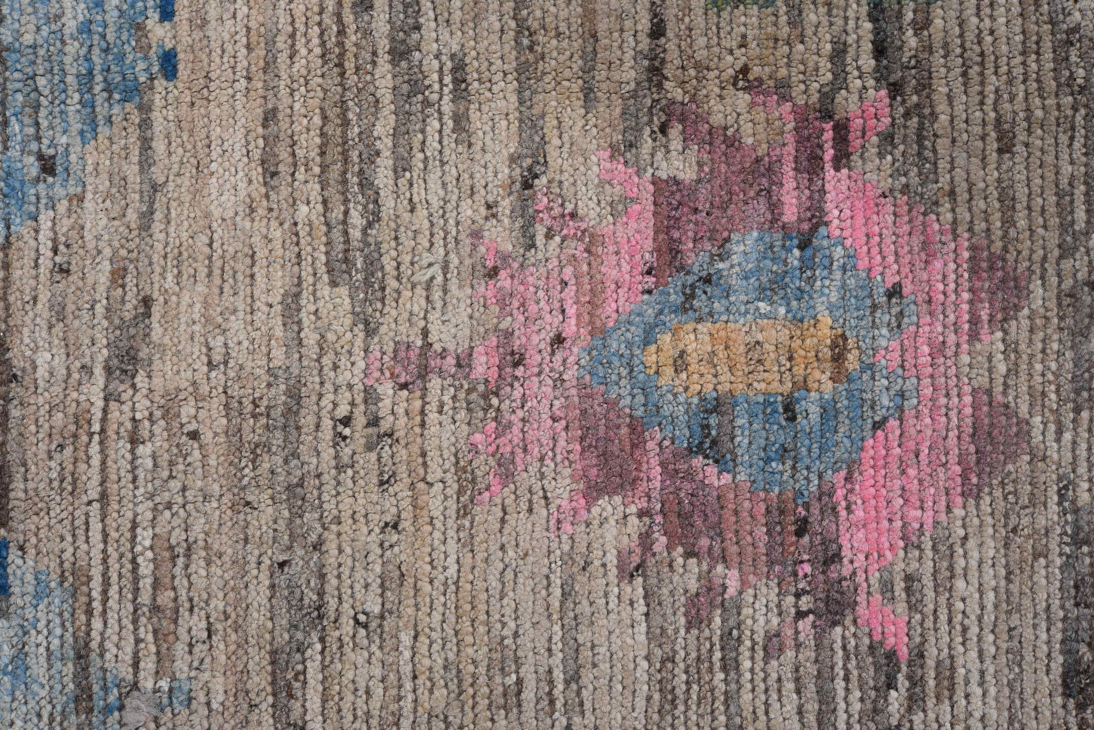 6' x 9' one-of-a-kind handmade vintage Oushak medium size rug. Color palette: off-white, gray, light gray, brown, blue, pink