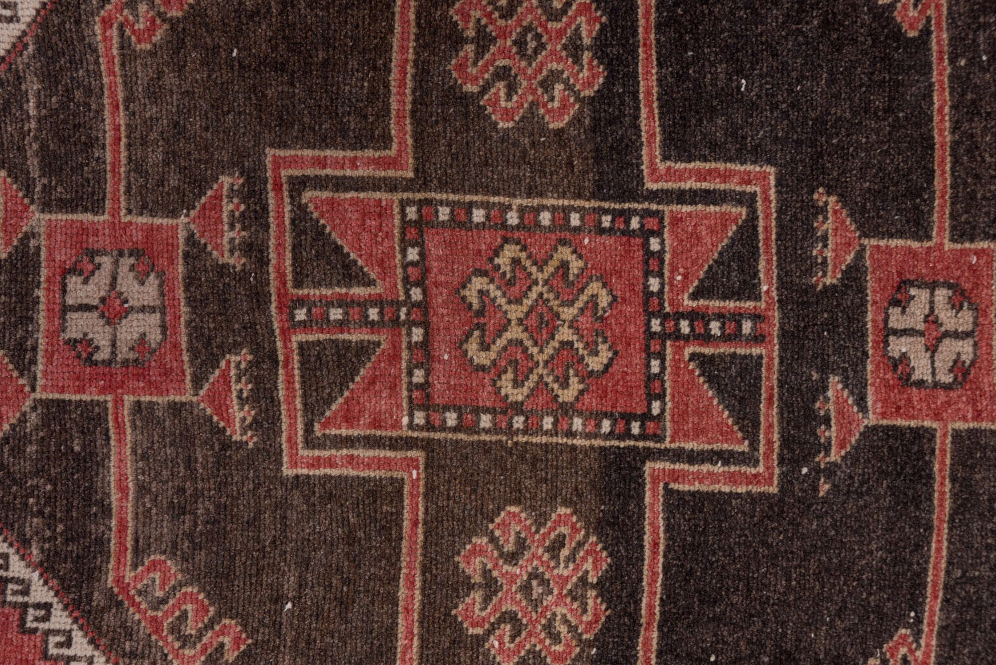 4' x 11' one-of-a-kind handmade vintage Oushak runner rug. Color palette: brown, gray, indian red, light gray, off-white