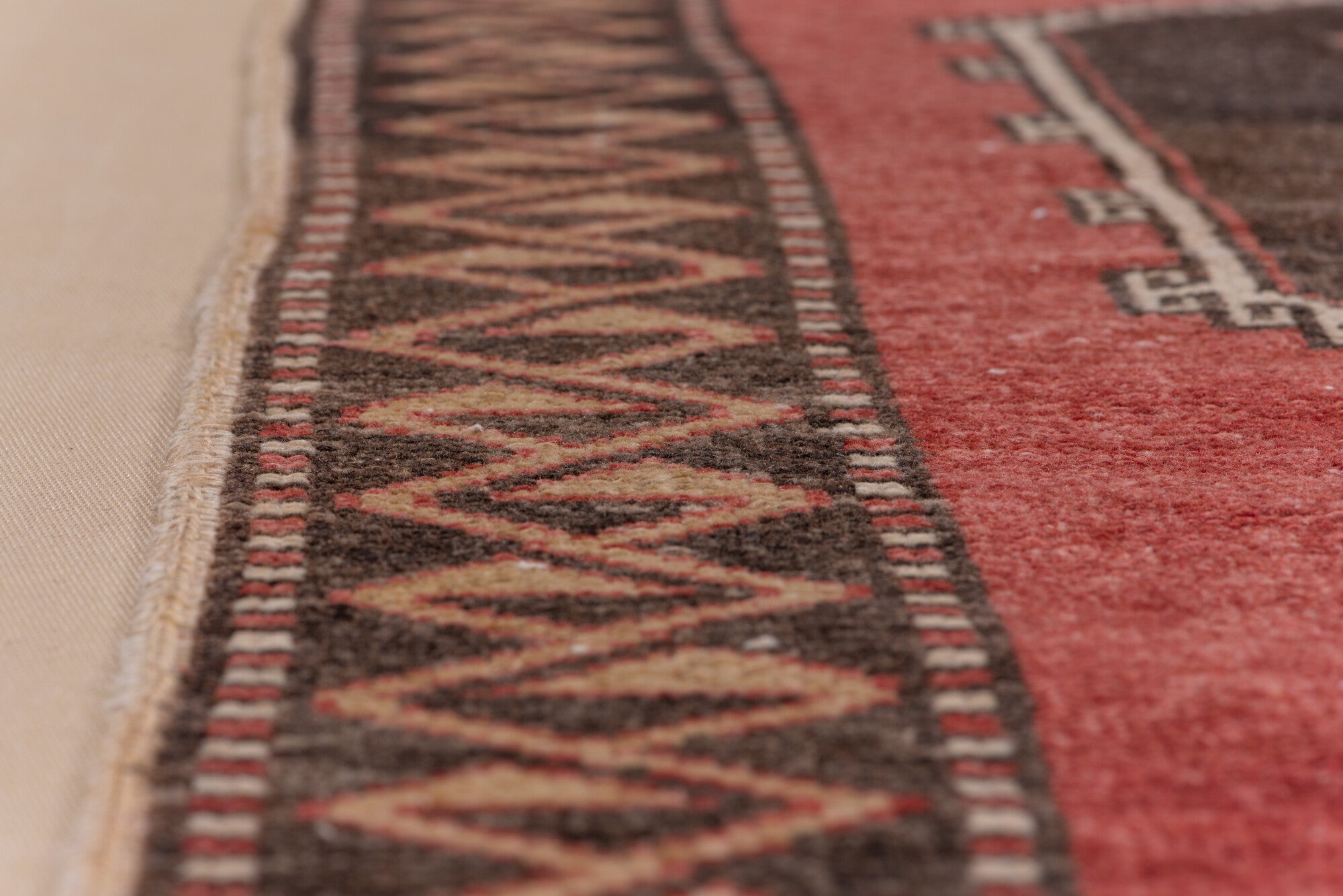 4' x 11' one-of-a-kind handmade vintage Oushak runner rug. Color palette: brown, gray, indian red, light gray, off-white