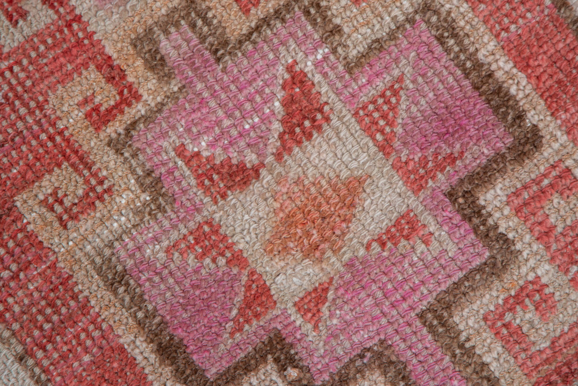 2' x 12' one-of-a-kind handmade vintage Oushak runner rug. Color palette: brown, gray, pink, red, rosy brown