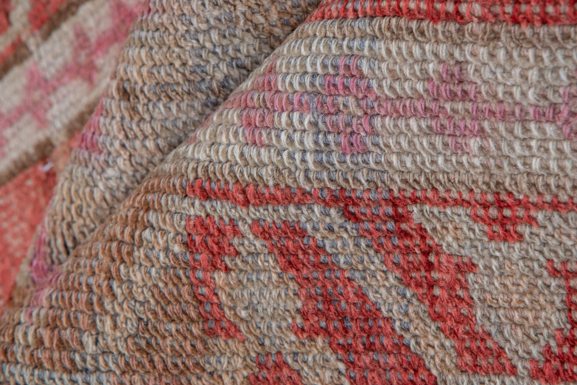 2' x 12' one-of-a-kind handmade vintage Oushak runner rug. Color palette: brown, gray, pink, red, rosy brown