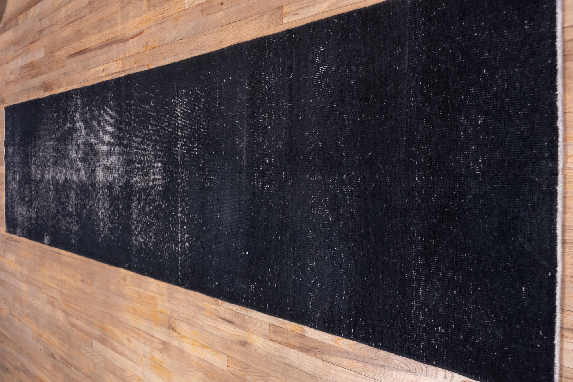 3' x 13' one-of-a-kind handmade vintage Overdyed runner rug. Color palette: black, charcoal, dim gray, gray, light gray