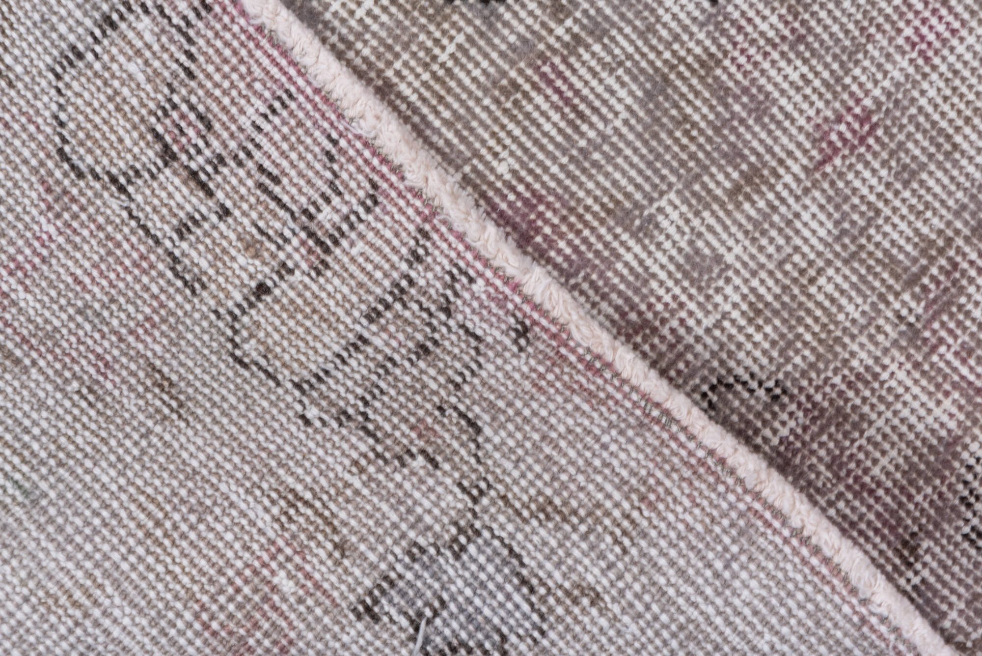 2' x 8' one-of-a-kind handmade vintage Overdyed runner rug. Color palette: dark gray, dim gray, gray, light gray, off-white