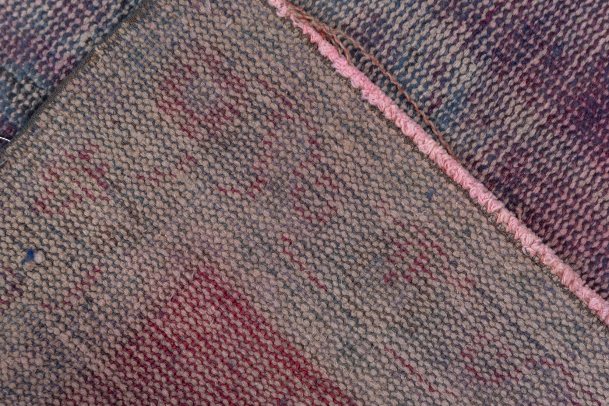 2' x 11' one-of-a-kind handmade vintage Overdyed runner rug. Color palette: brown, gray, off-white, pink, snow, white