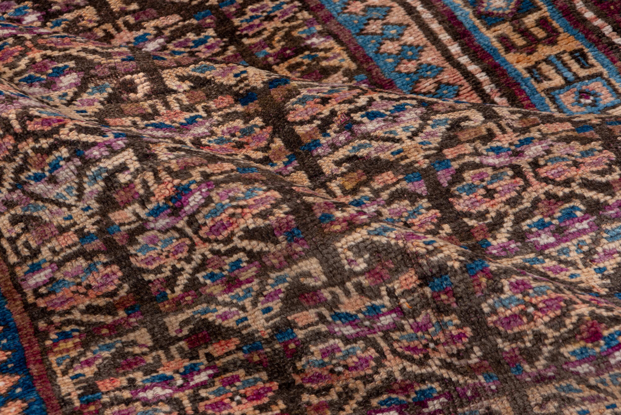 3' x 6' one-of-a-kind handmade vintage Kurd small size rug. Color palette: blue, brown, fiord, gray, pink, redwood