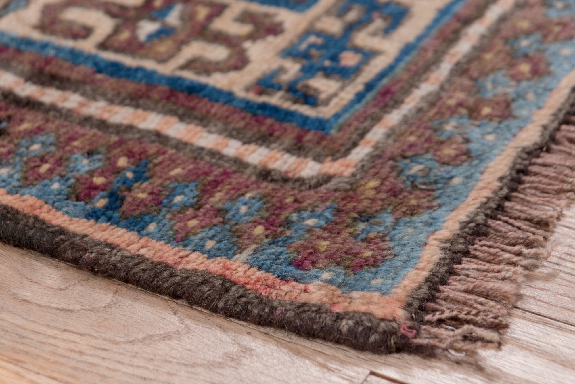 3' x 6' one-of-a-kind handmade vintage Kurd small size rug. Color palette: blue, brown, fiord, gray, pink, redwood