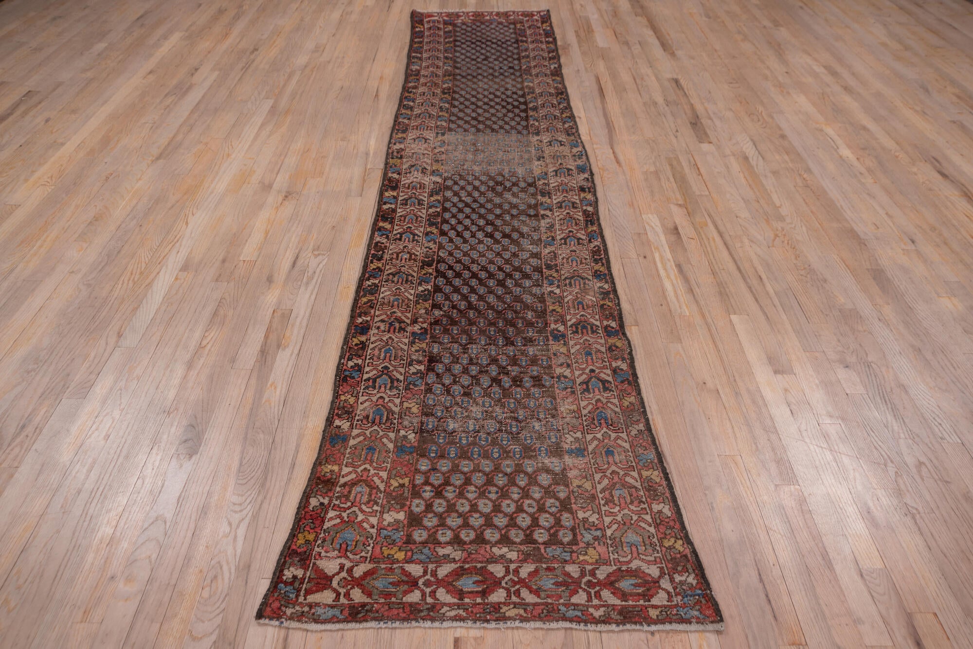 2' x 12' one-of-a-kind handmade vintage Malayer runner rug. Color palette: blue, brown, dim gray, gray, pink, red, redwood