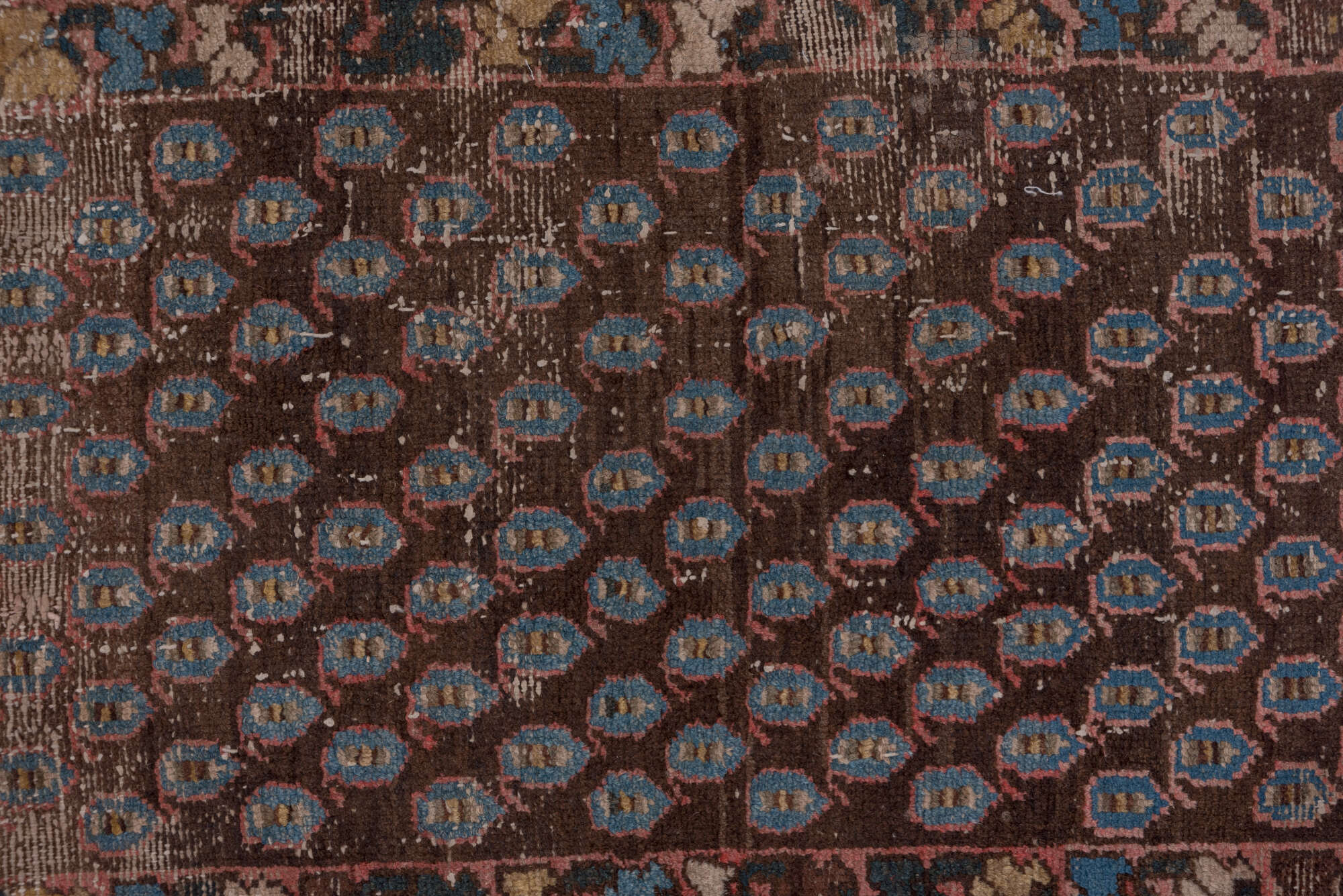 2' x 12' one-of-a-kind handmade vintage Malayer runner rug. Color palette: blue, brown, dim gray, gray, pink, red, redwood