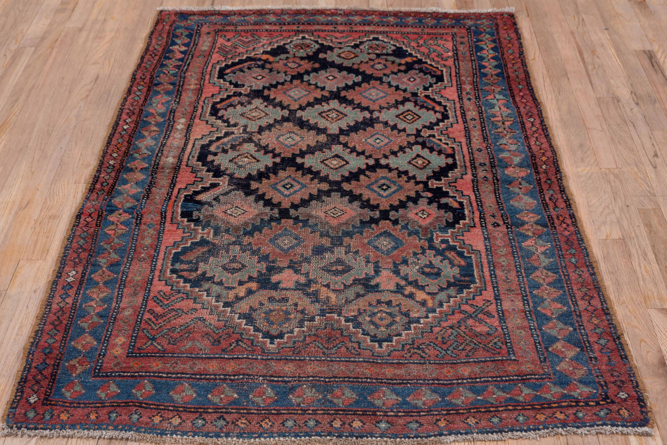 3' x 6' one-of-a-kind handmade vintage Malayer small size rug. Color palette: gray, blue, pink, brown, red, black, wine