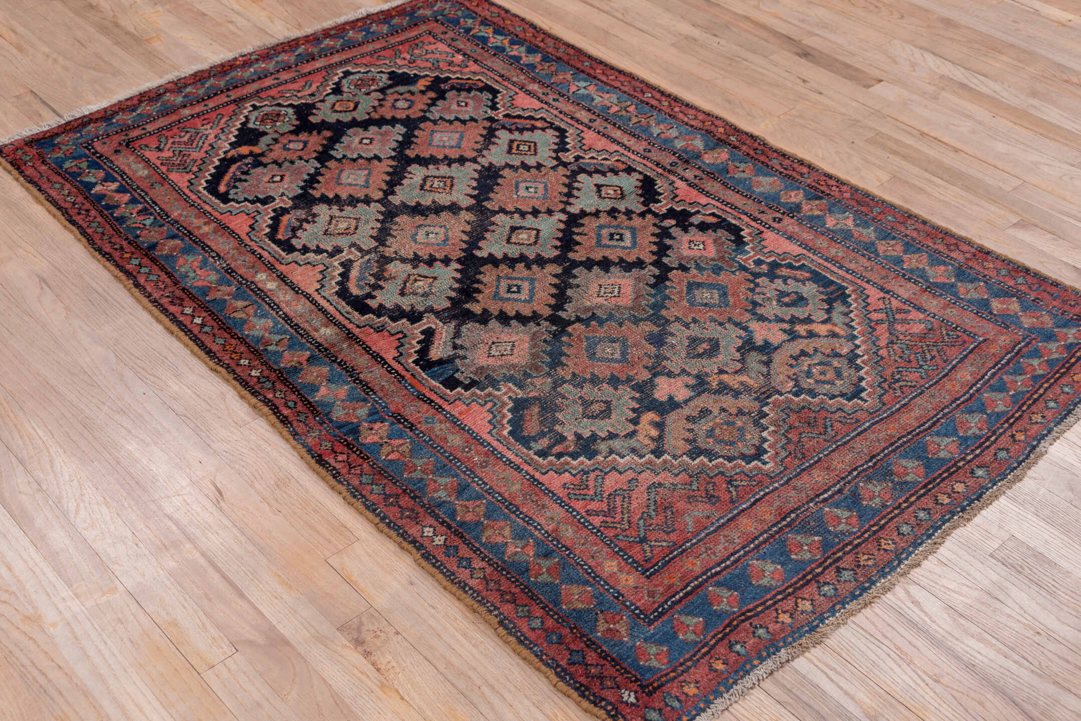 3' x 6' one-of-a-kind handmade vintage Malayer small size rug. Color palette: gray, blue, pink, brown, red, black, wine