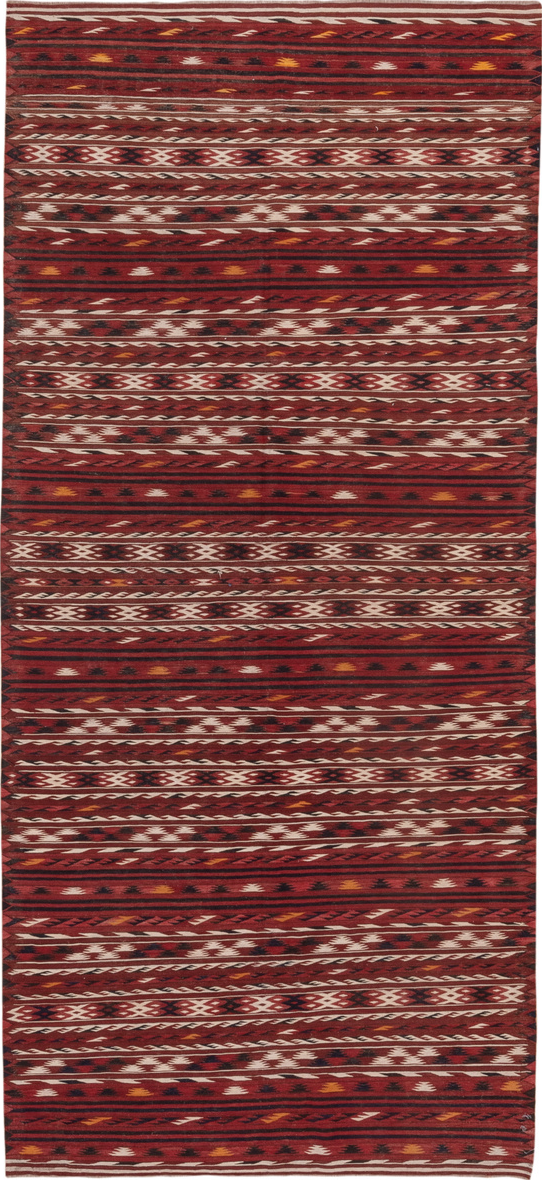 4' x 9' one-of-a-kind handmade vintage Kilim runner rug. Color palette: brown, gray, pink, red