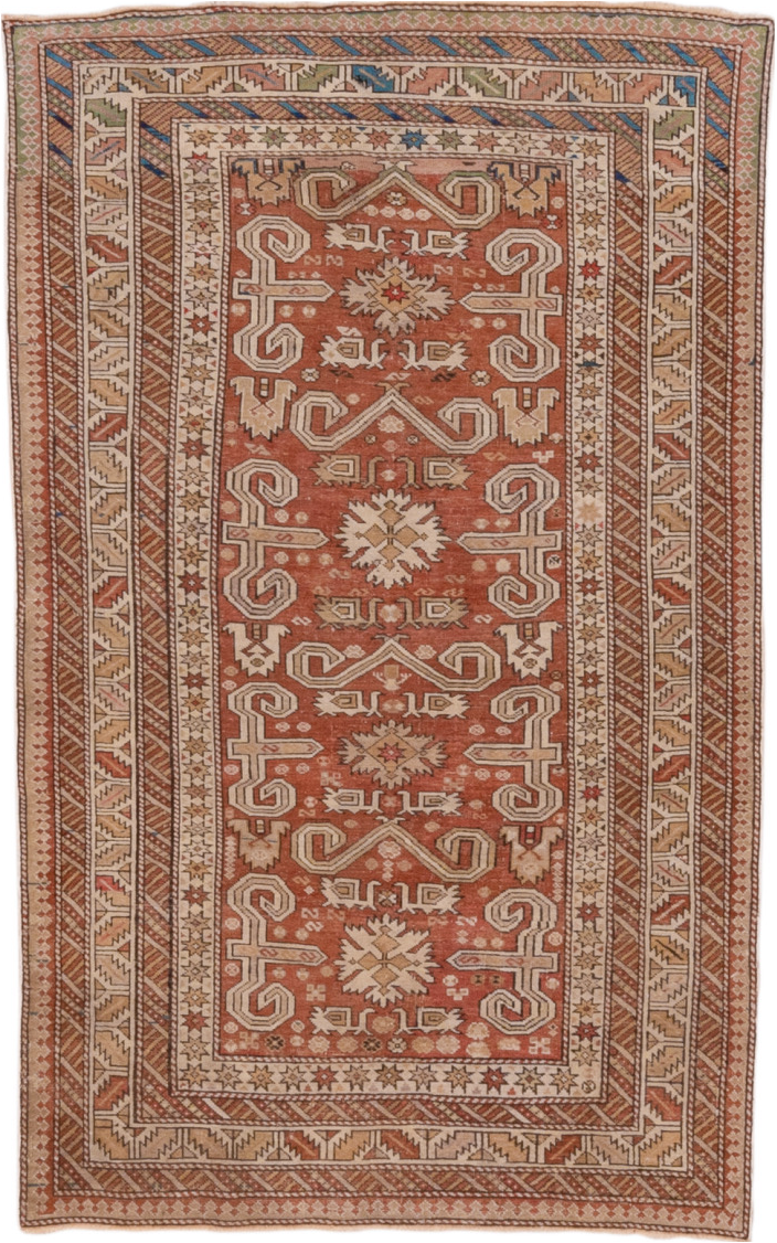 3' x 5' one-of-a-kind handmade vintage Shirvan small size rug. Color palette: blue, brown, gray, light gray, off-white, pink