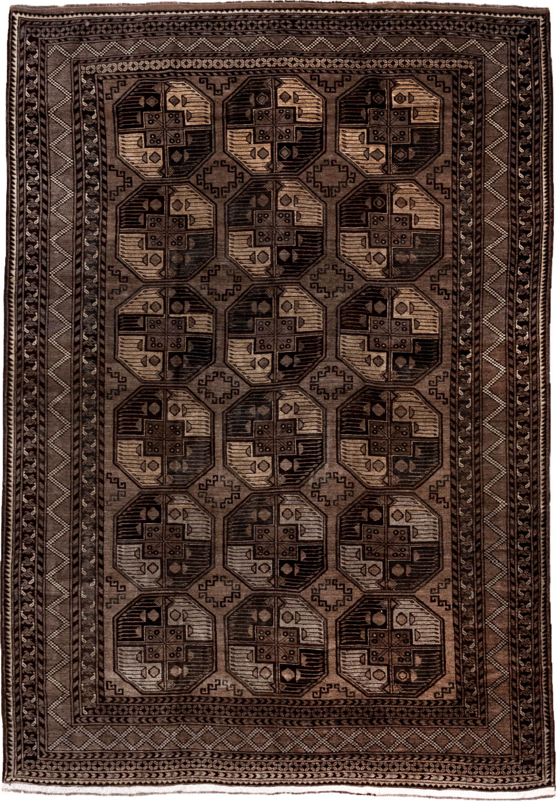 7' x 10' one-of-a-kind handmade vintage Afghan large size rug. Color palette: black, brown, gray, light gray, off-white