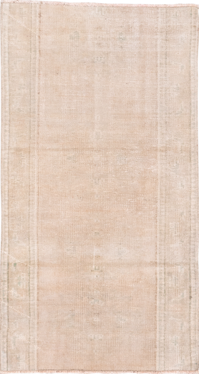 2' x 5' one-of-a-kind handmade vintage Oushak small size rug. Color palette: off-white, pink, brown, gray, light gray