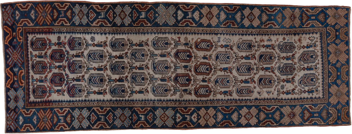 3' x 9' one-of-a-kind handmade vintage NW Persian runner rug. Color palette: black, blue, brown, charcoal, gray