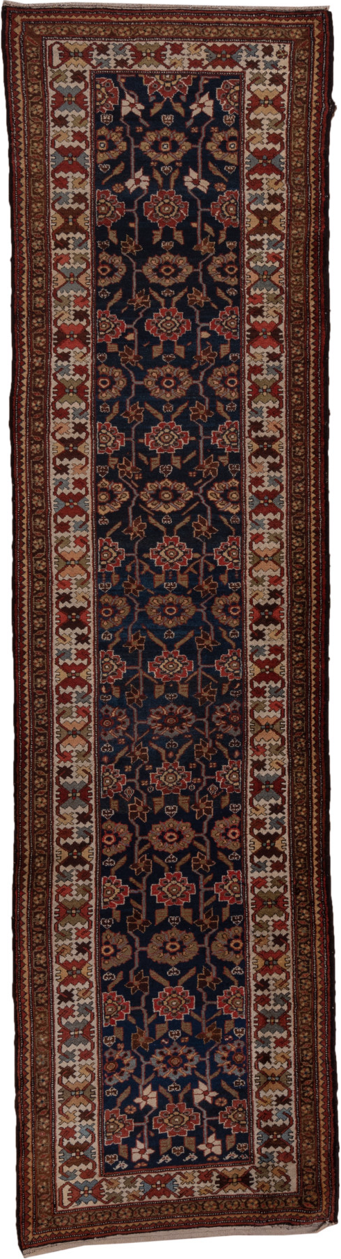 3' x 12' one-of-a-kind handmade vintage Malayer runner rug. Color palette: black, brown, gray, pink, red