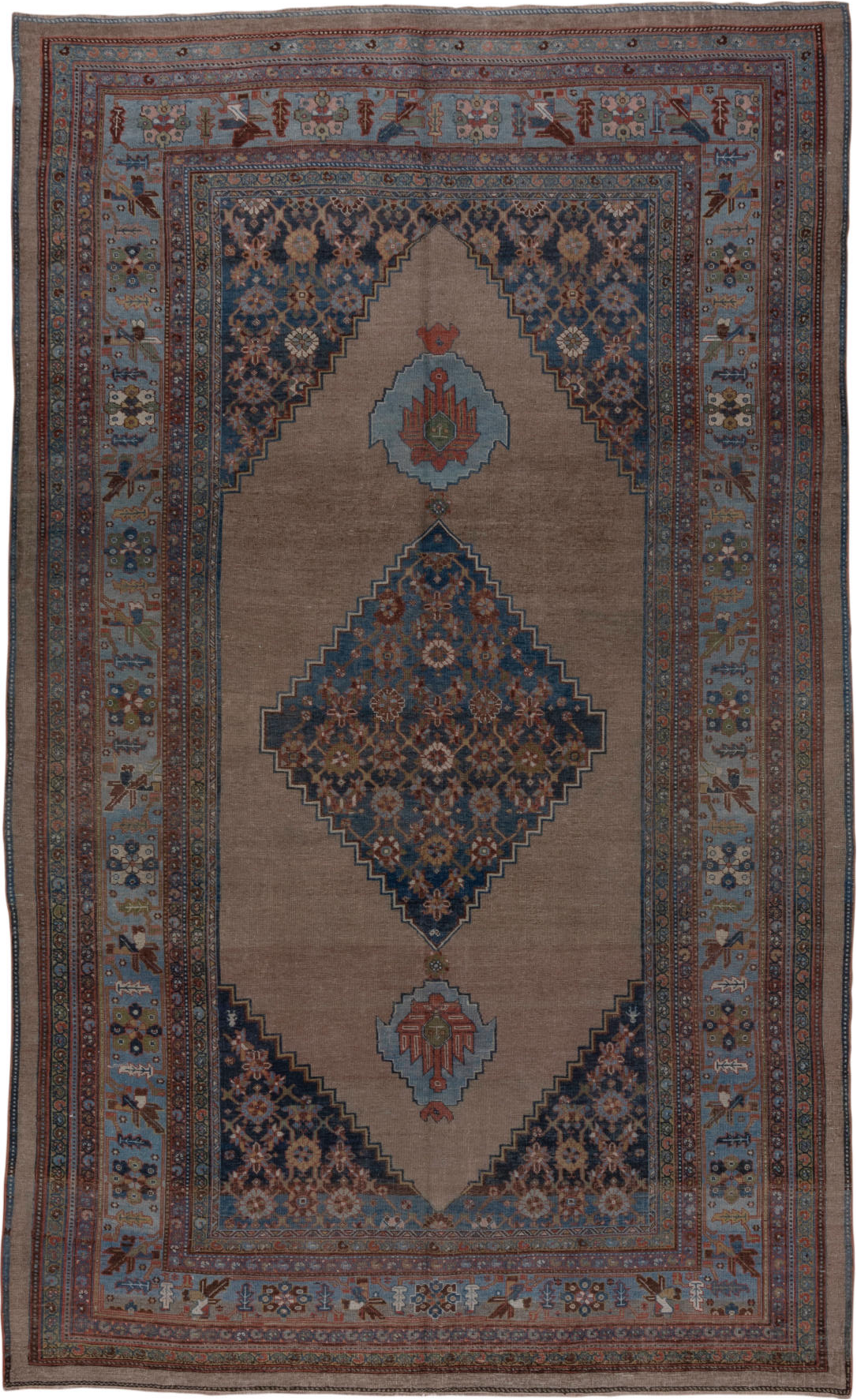 7' x 12' one-of-a-kind handmade vintage Bidjar large size rug. Color palette: black, blue, brown, charcoal, dim gray, gray