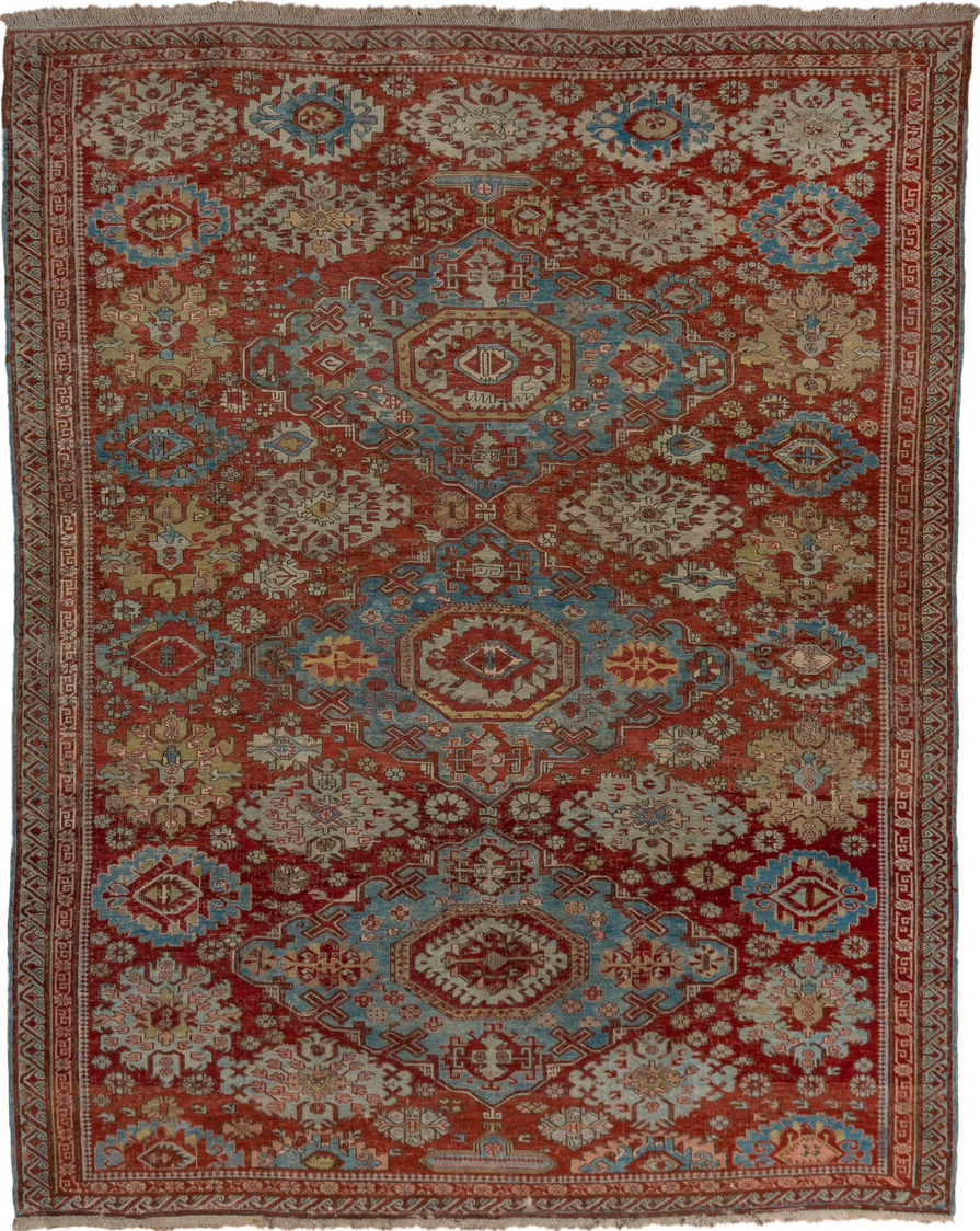 7' x 9' one-of-a-kind handmade vintage Sumak rug. Color palette: gray, blue, brown, off-white, pink, whitesmoke, snow, white