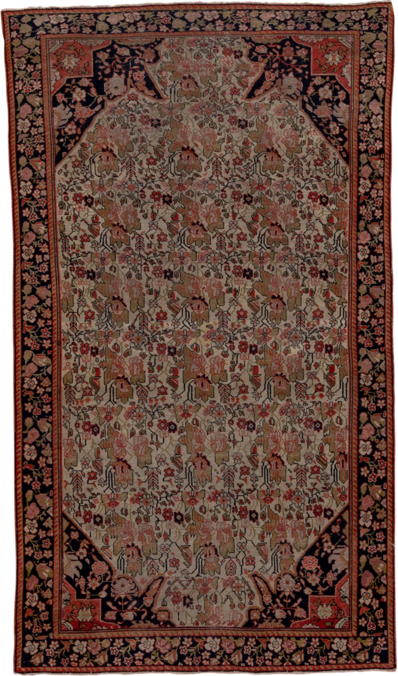3' x 6' one-of-a-kind handmade vintage Far.Sarouk small size rug. Color palette: black, brown, gray, pink, red