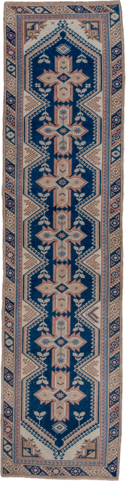 2' x 9' one-of-a-kind handmade vintage Oushak runner rug. Color palette: blue, gray, light gray, pink, slate gray