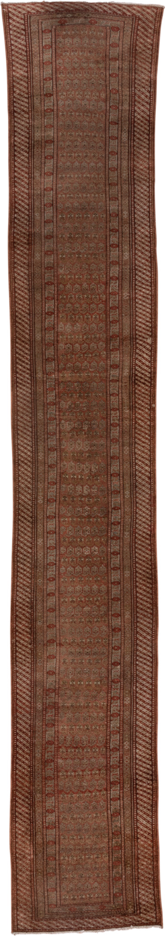 2' x 17' one-of-a-kind handmade vintage NW Persian runner rug. Color palette: brown, off-white, pink, snow, white