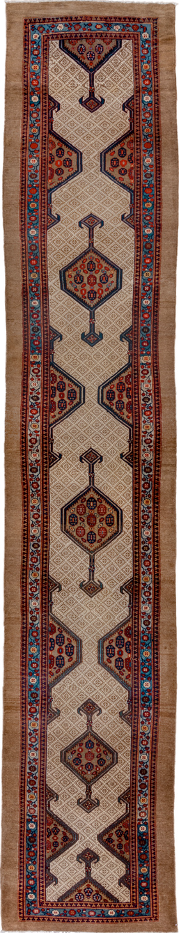 3' x 18' one-of-a-kind handmade vintage Cam Hamadan runner rug. Color palette: gray, brown, blue, pink, black, red
