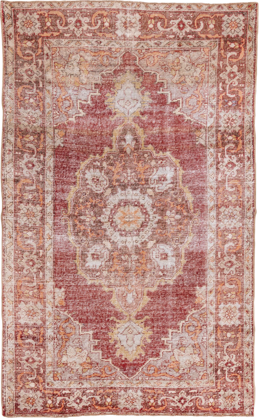 6' x 9' one-of-a-kind handmade vintage Oushak medium size rug. Color palette: brown, gray, lavender blush, light gray