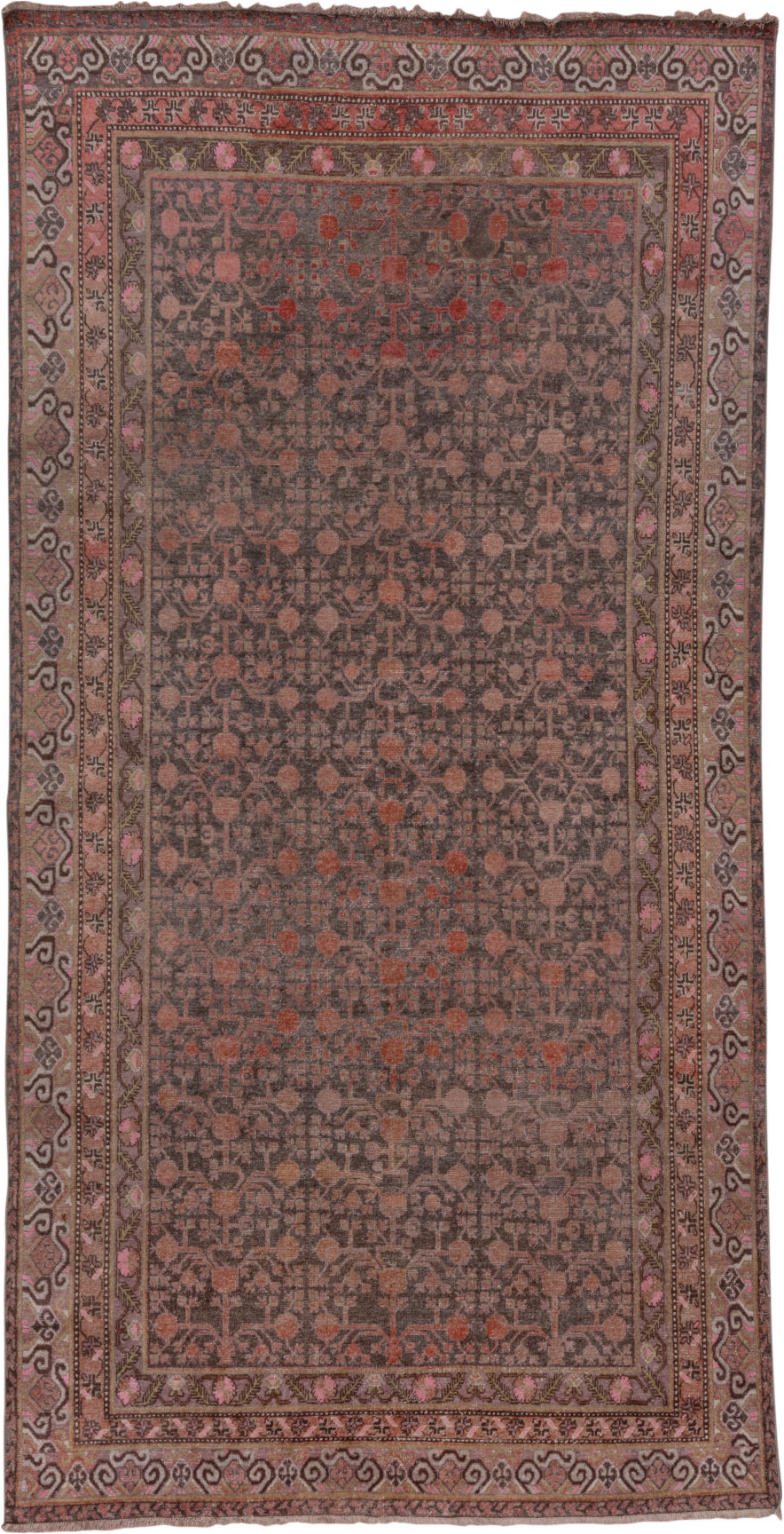 6' x 12' one-of-a-kind handmade vintage Khotan large size rug. Color palette: brown, gray, light gray, pink, red, rosy brown