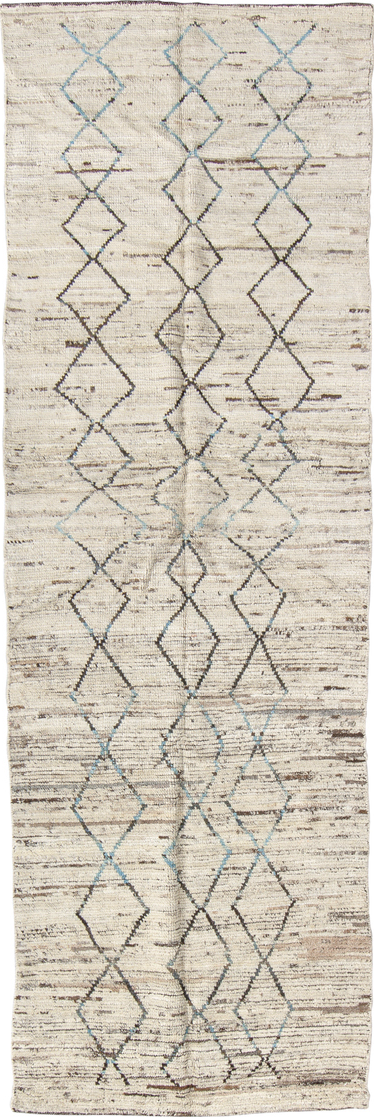 2' x 9' one-of-a-kind handmade vintage Tulu runner rug. Color palette: blue, dark gray, dim gray, gray, light gray