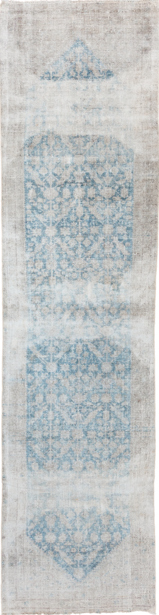 3' x 12' one-of-a-kind handmade vintage Malayer runner rug. Color palette: gray, light gray, off-white, light blue, silver
