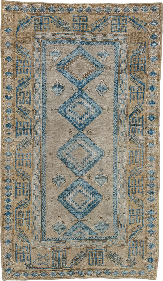 3' x 6' one-of-a-kind handmade vintage Belouch small size rug. Color palette: blue, gray, light gray, brown, light blue