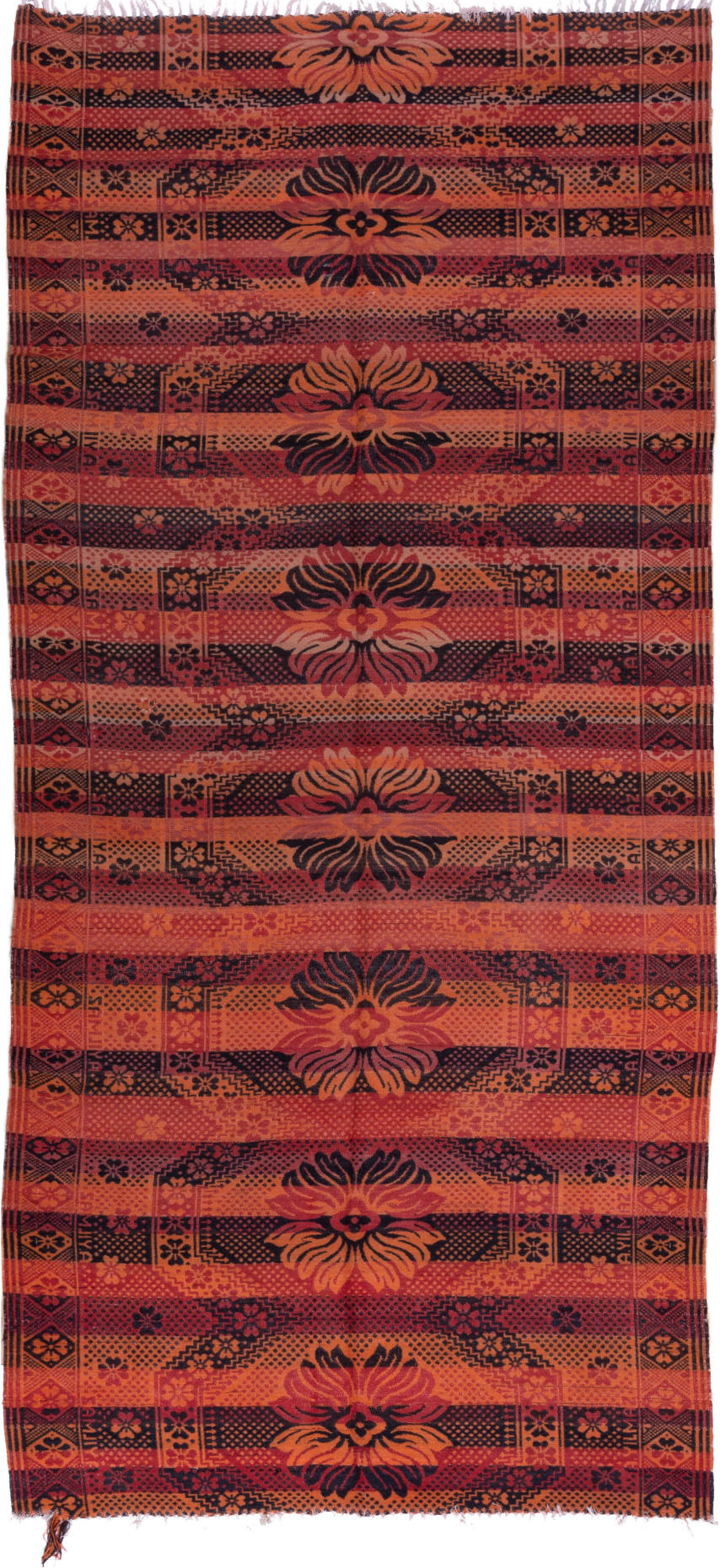 5' x 11' one-of-a-kind handmade vintage Kilim rug. Color palette: black, brown, gray, pink, red, wine