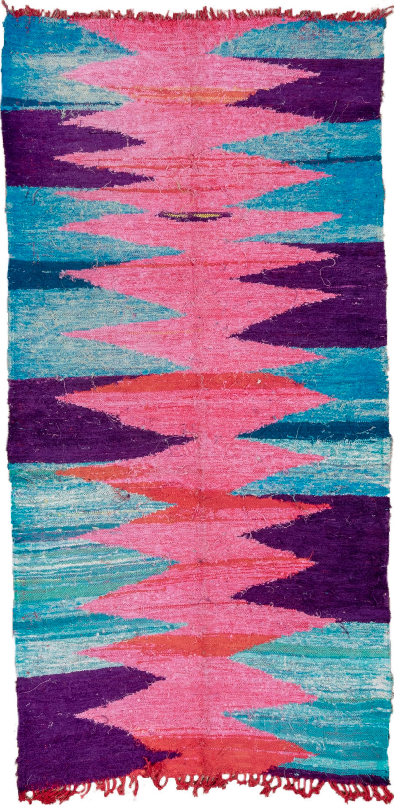 4' x 8' one-of-a-kind handmade vintage Flatweave runner rug. Color palette: blue, brown, gray, green, light blue, light gray