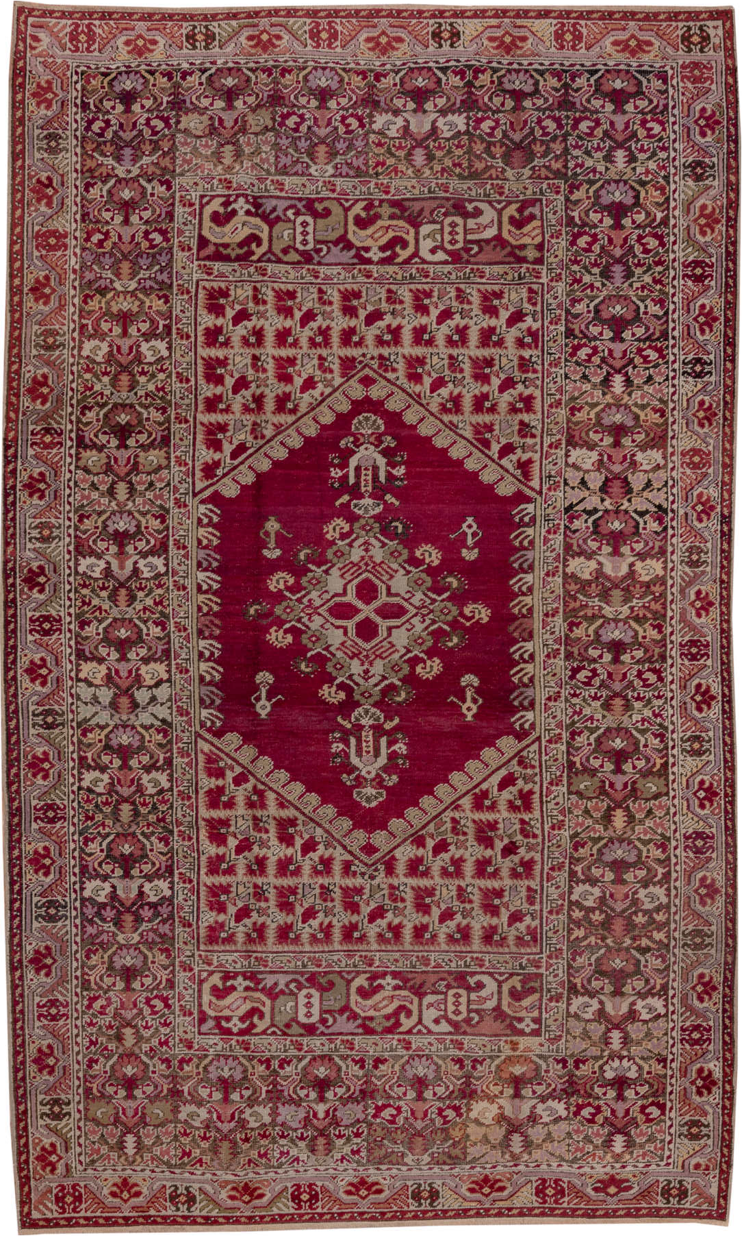 6' x 11' one-of-a-kind handmade vintage Ghordes large size rug. Color palette: brown, gray, off-white, pink, red, snow