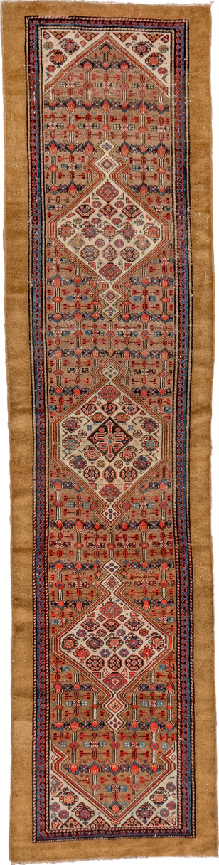 2' x 11' one-of-a-kind handmade vintage Cam Hamadan runner rug. Color palette: black, blue, brown, gray, orange, pink, red