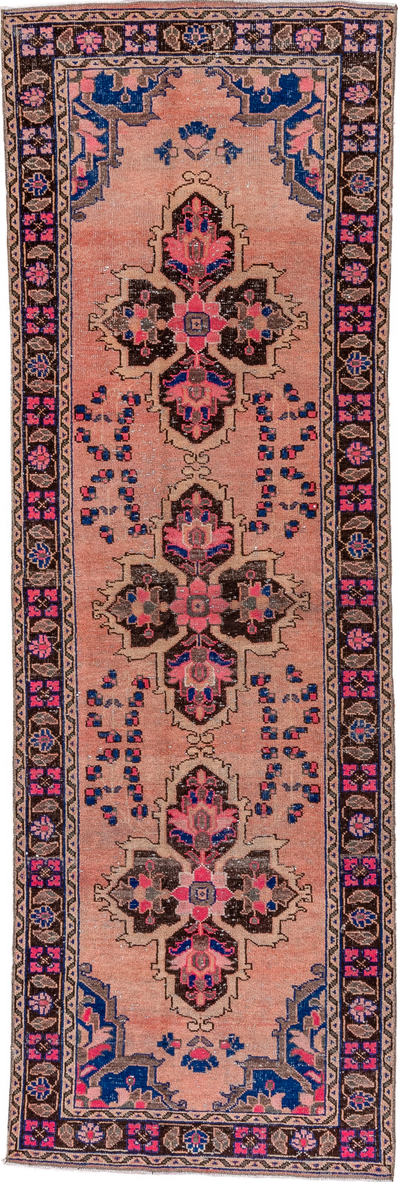 3' x 10' one-of-a-kind handmade vintage Oushak runner rug. Color palette: brown, red, pink, gray, blue
