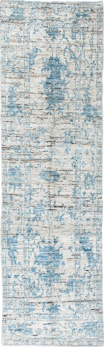 3' x 10' one-of-a-kind handmade vintage Tulu runner rug. Color palette: black, blue, charcoal, dim gray, gray, light blue