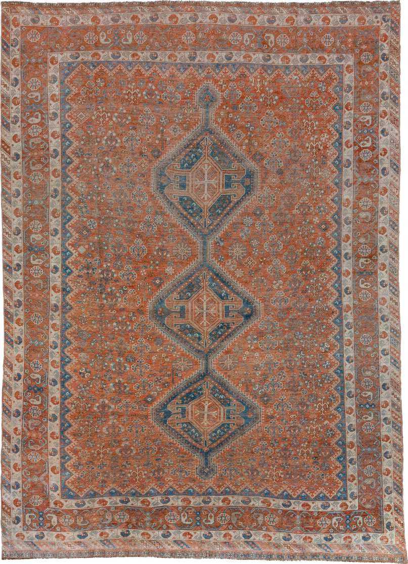 7' x 10' one-of-a-kind handmade vintage Shiraz large size rug. Color palette: pink, gray, light gray, blue, brown, off-white