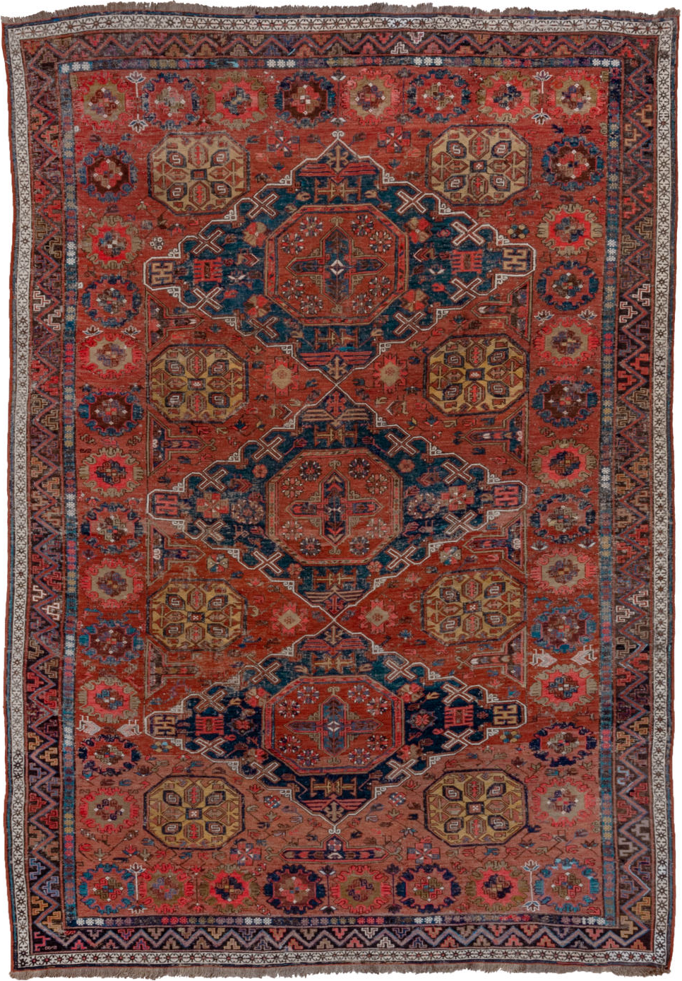 6' x 9' one-of-a-kind handmade vintage Sumak medium size rug. Color palette: blue, brown, dark gray, gray, indian red, pink