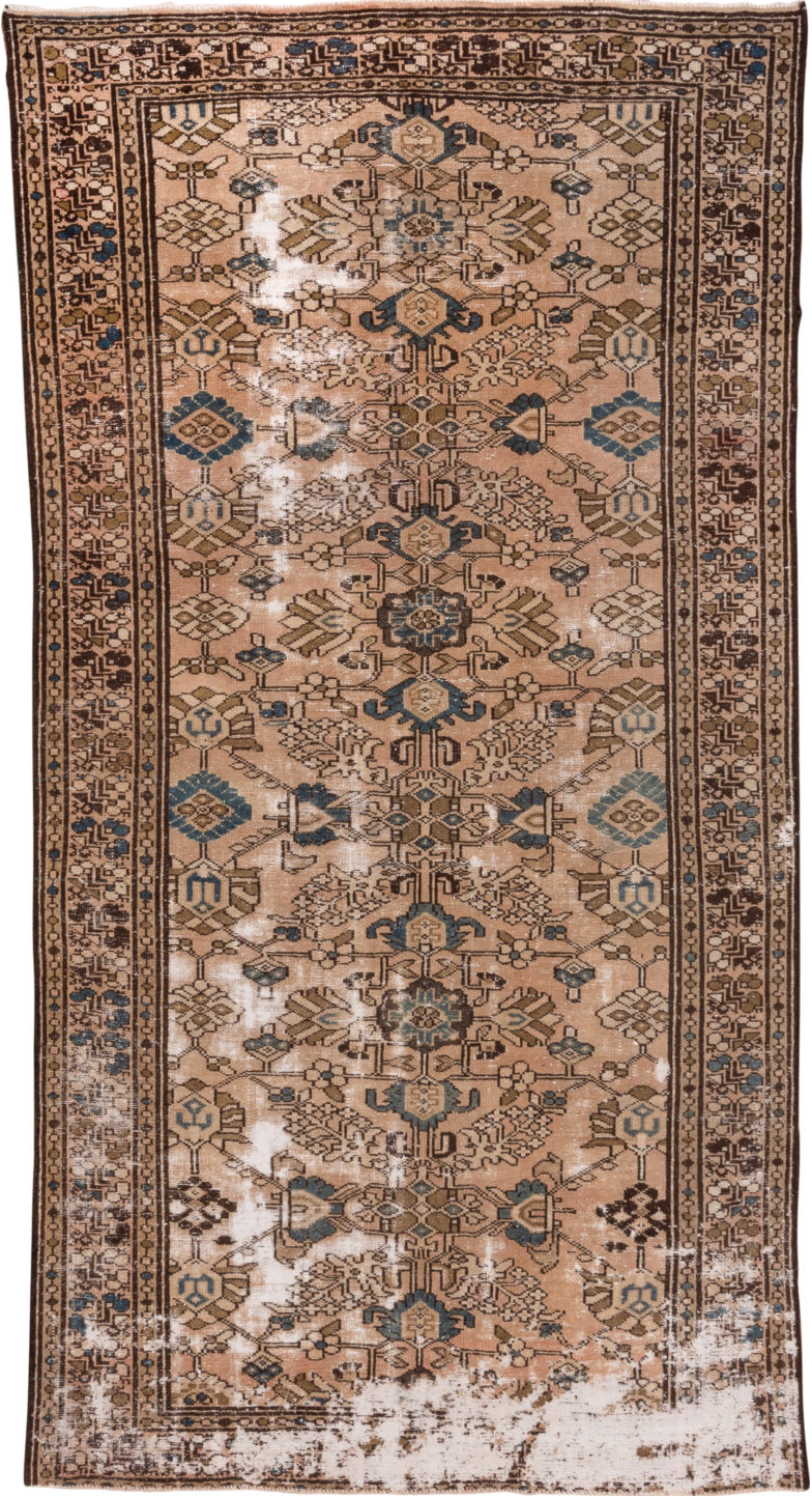 5' x 9' one-of-a-kind handmade vintage Distressed medium size rug. Color palette: brown, gray, light gray, off-white